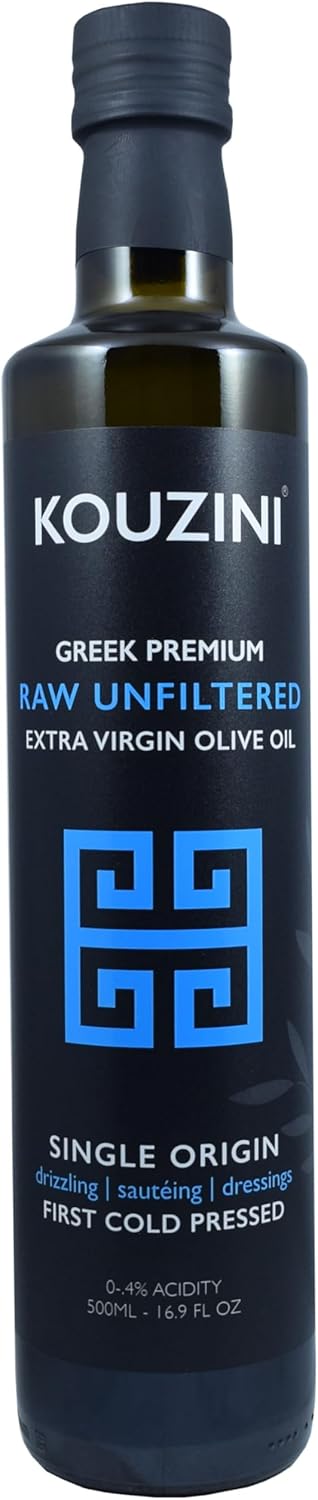 Kouzini Unfiltered Raw Extra Virgin Greek Olive Oil, Greek Extra Virgin Cold Pressed Olive Oil, Single Origin, High Polyphenols, Authentic Taste, Rich Flavor & Aroma, 500ml Glass Bottle