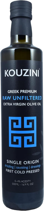 Kouzini Unfiltered Raw Extra Virgin Greek Olive Oil, Greek Extra Virgin Cold Pressed Olive Oil, Single Origin, High Polyphenols, Authentic Taste, Rich Flavor & Aroma, 500ml Glass Bottle