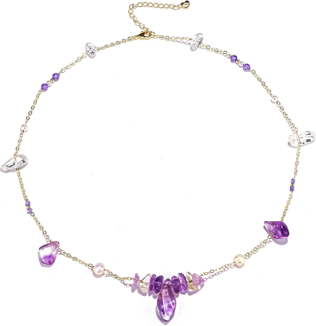 Healing Crystal Necklace for Women Amethyst Spiritual Zircon Pearl Beads Handmade Gemstone Crystals Stones Beaded Adjustable Necklaces Jewelry