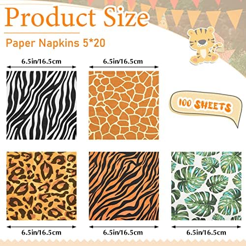 100 Pieces Jungle Safari Animal Print Party Disposable Animal Napkins Safari Napkins for Baby Shower Birthday Party, 5 Styles