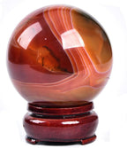 JIC Gem Natural Red Agate Crystal Ball Round Healing Crystals Decorative Sphere with Wooden Stand Meditation Home Decor 2.3-2.7 inch (60-70mm)