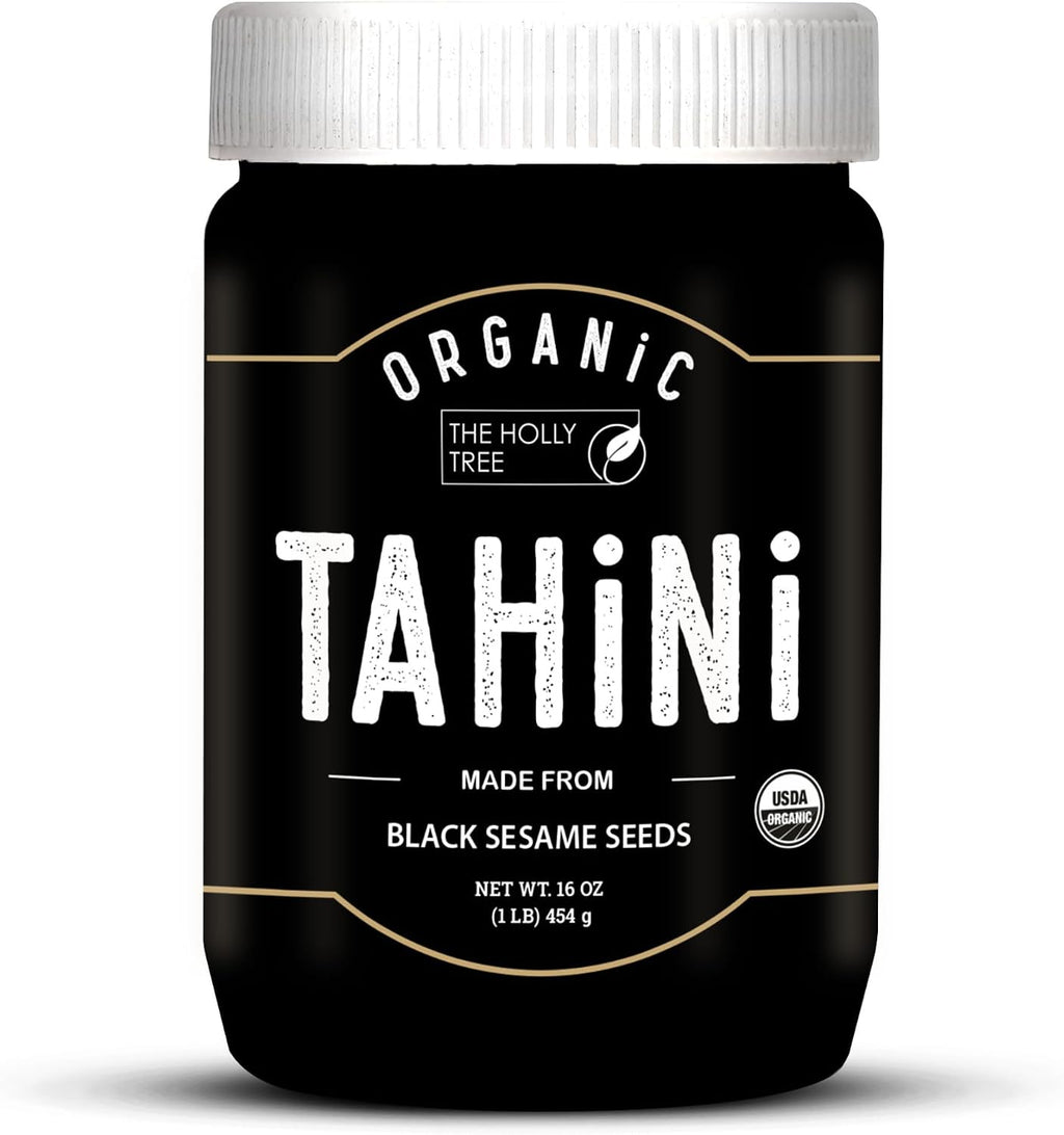 Organic Black Tahini Paste 16 oz (1lb) - Black Sesame Paste - USDA Certified, Kosher, Gluten Free Tahini Sauce - Creamy Tahini Organic with Hulled Sesame Seeds for Dressigns, Dips, Spreads & Hummus - The Holly Tree