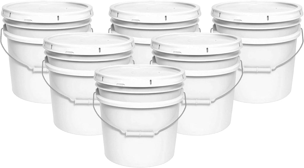 MKS Plastics 3.5-Gallon Bucket with Airtight Lid – Made in USA, Food Grade BPA Free Plastic, Heavy Duty Multi-Use, Metal Handle with Grip, Stackable Storage – White, 6 Pack
