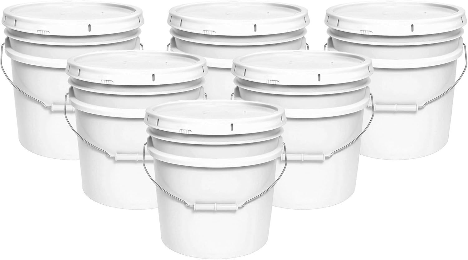 MKS Plastics 3.5-Gallon Bucket with Airtight Lid – Made in USA, Food Grade BPA Free Plastic, Heavy Duty Multi-Use, Metal Handle with Grip, Stackable Storage – White, 6 Pack
