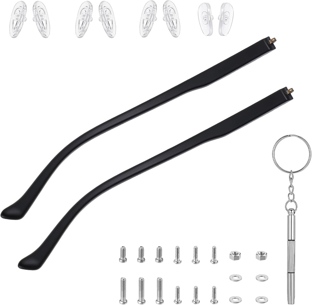 1 Pair Glasses Arm Replacement, Black Eyeglasses Repair Kit Eyeglass Arms Replacement with Screws Washers Screwdriver Nose Pads 6mm Temple Arms for Glass Sunglasses Convex Single Teeth 1.2mm