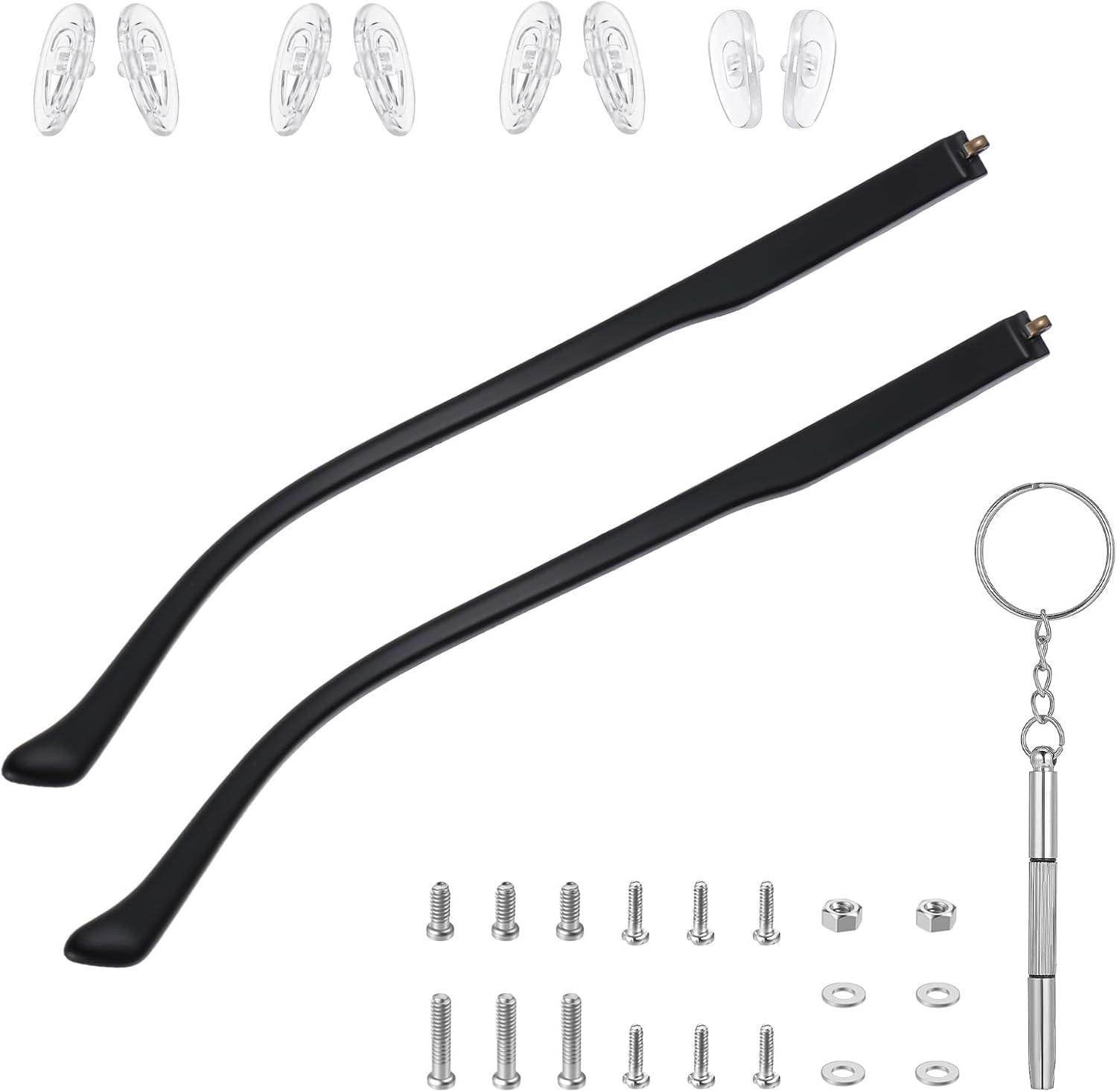 1 Pair Glasses Arm Replacement, Black Eyeglasses Repair Kit Eyeglass Arms Replacement with Screws Washers Screwdriver Nose Pads 6mm Temple Arms for Glass Sunglasses Convex Single Teeth 1.2mm