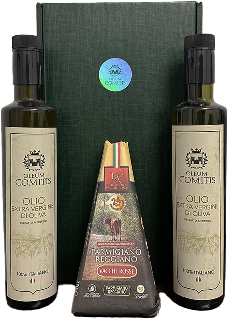 Oleum Comitis - Extra Virgin Olive Oil 100% Italian Cold Pressed - Gift Box with 2 x 500 ml Bottles and Parmigiano Reggiano DOP Vacche Rosse 24 Months