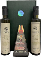Oleum Comitis - Extra Virgin Olive Oil 100% Italian Cold Pressed - Gift Box with 2 x 500 ml Bottles and Parmigiano Reggiano DOP Vacche Rosse 24 Months