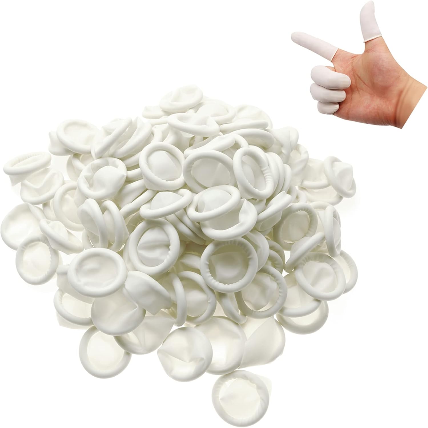 150pcs Disposable Latex Finger Cots Protective Fingertips Gloves Rubber Industrial Fingerstall Sleeves 65x25mm (White)