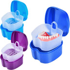 KISEER 3 Pack Colors Denture Bath Case Cup Box Holder Storage Soak Container with Strainer Basket for Travel Cleaning (Blue, Light Blue, Purple)