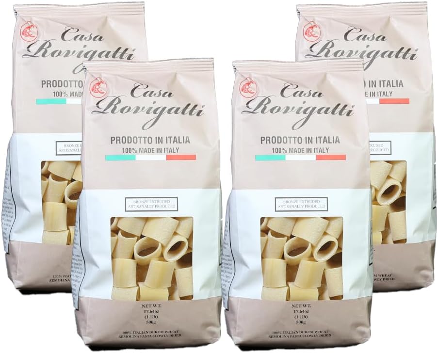Casa Rovigatti Premium Italian Pasta, Bronze Mezzi Paccheri, 100% Durum Wheat Semolina, 17.6 oz, 500g, Artisanal Slow-Dried Pack of 4