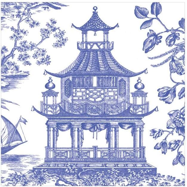 Caspari Chinoiserie Toile Pagoda Paper Cocktail Napkins in Blue - 20 Per Box