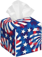 Tissue Box Cover American 4th of July Blue Red Elements Square PU Leather Tissue Box Holder for Car Bathroom Bedroom Desk Tabletop Decor