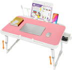 Laptop Desk for Bed, Adjustable Height Laptop Bed Table, Foldable Lap Desk with USB Charge Port, Desktop Card Slot, Side Drawer, Book Shelf, Portable Lap Tray for Eating Reading Working Sofa & Floor