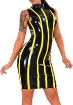Natural latexYellow and Black Trims Sexy Sleeveless Latex Dresses Zipper at Back