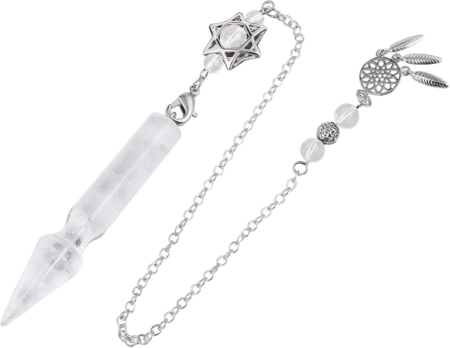 TUMBEELLUWA Crystal Point Pendulum for Divination Dowsing Faceted Stone Pendant Pendulum with Dream Catcher and Merkaba Star Chain, Rock Crystal