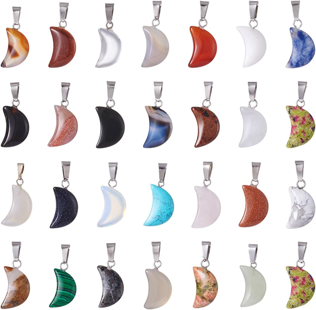 FASHEWELRY 50Pcs Crescent Moon Shaped Stone Pendants Assorted Gemstone Mixed Necklace Charms Tiny Healing Crystal Quartz Chakra Reiki Gemstone Charms for Necklace Jewelry Making Hole: 2x7mm
