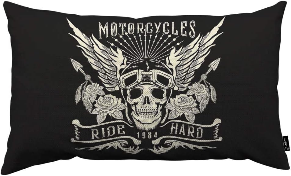 HOSNYE Motorcycle Throw Pillow Cover Skull with Helmet and Wings Ride Hard 1984 Linen Fabric for Couch Bed Sofa Car Waist Cushion Cover 12 x 20 inch Pillow Case
