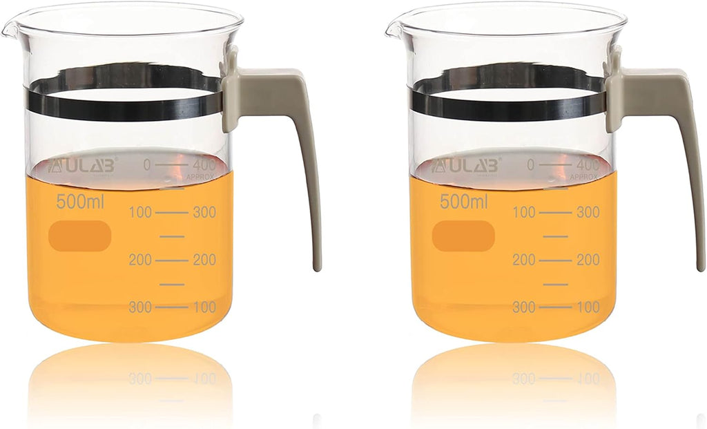 Glass Beaker with Handle, Vol. 500ml, 3.3 Borosilicate Griffin Low Form with Printed Graduation,Pack of 2, UBG1050
