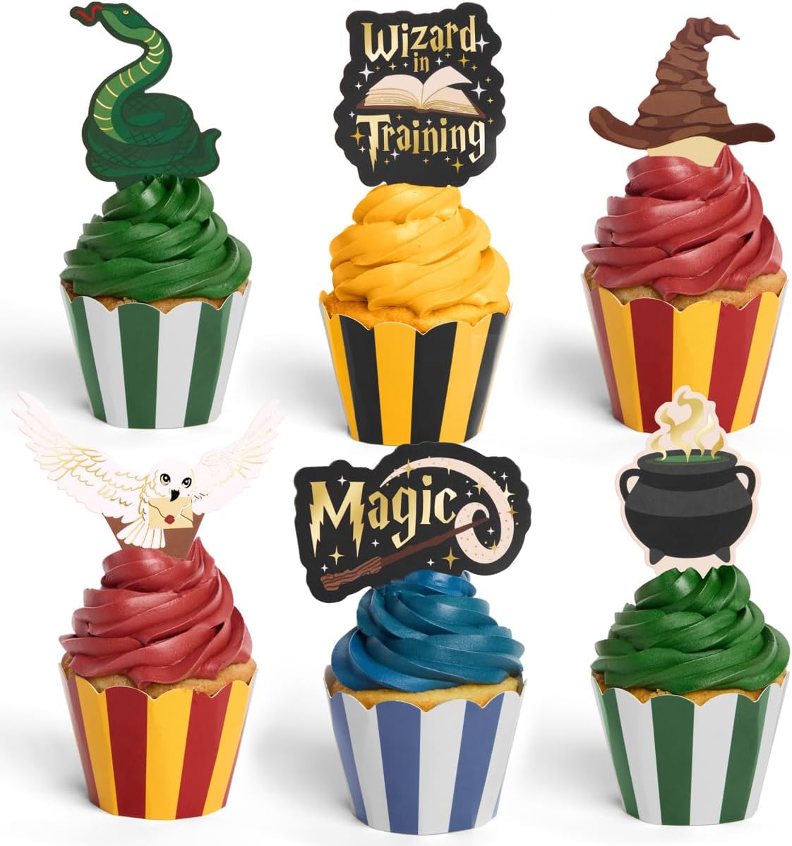xo, Fetti Wizard in Training Cupcake Toppers + Wrappers - Set of 24 | Kids Cake Decoration, Magic Party Decor, Sorcerer Supplies, Dessert Accessory