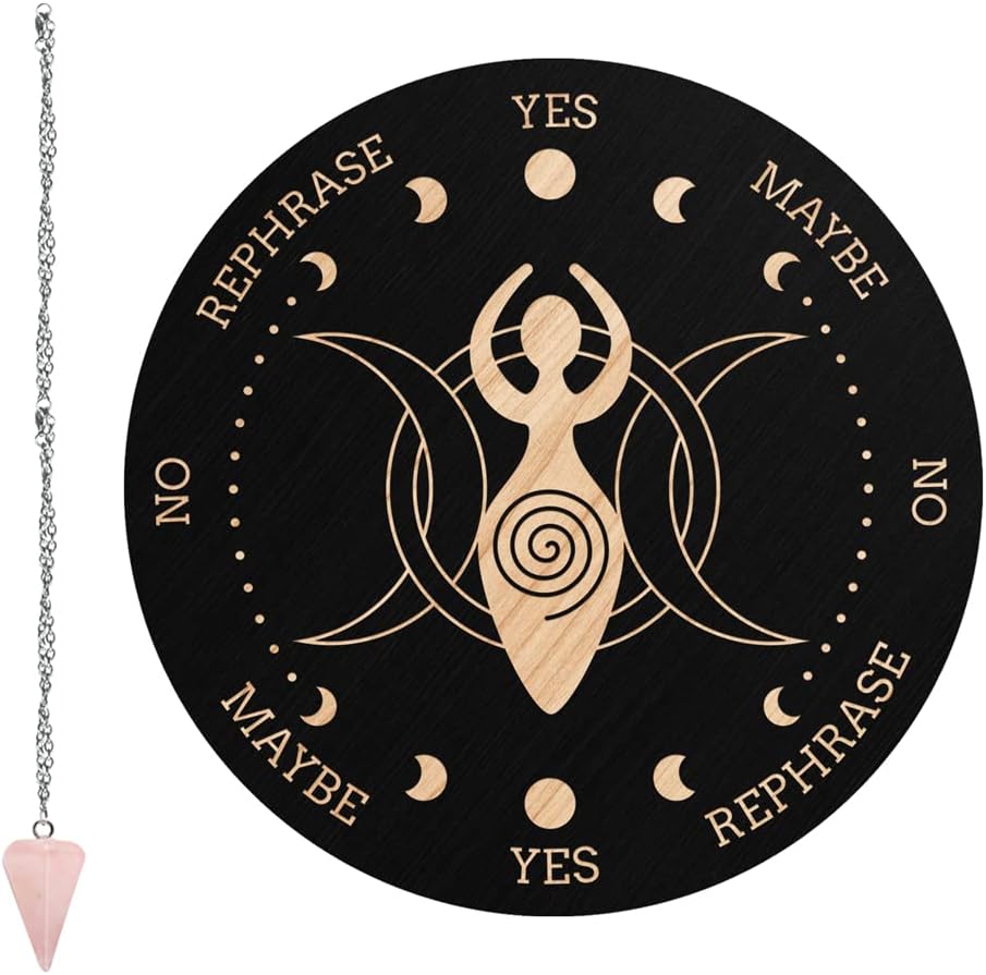 CRASPIRE Pendulum Board Goddess of The Moon Dowsing Divination Metaphysical Message Board 7.9Inch Wooden Carven Board with Rose Quartz Crystal Dowsing Pendulum Witchcraft Wiccan Altar Supplies Kit