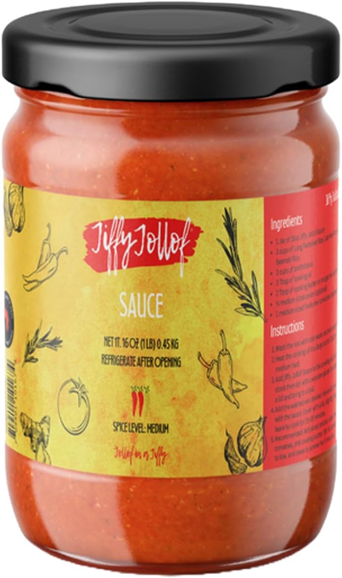 Jiffy Jollof Sauce, Authentic Nigerian Tomato Pepper Blend for One-Pot Meals, Spicy Pasta, Roasted Bell Pepper Stew, Hot Cooking Sauce, 16oz Food Jar (Medium)