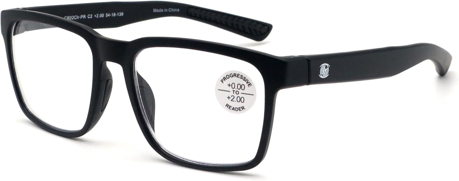 Men Progressive Reading Glasses No Line Clear on Top Bifocals Reader - Rectangular Matte Sport