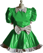 Maid Cosplay Sleeve Mini Dress Ladies Cute White Bowknot Decor Uniform PVC Patchwork A-line Pleated Dress,Green,XXL