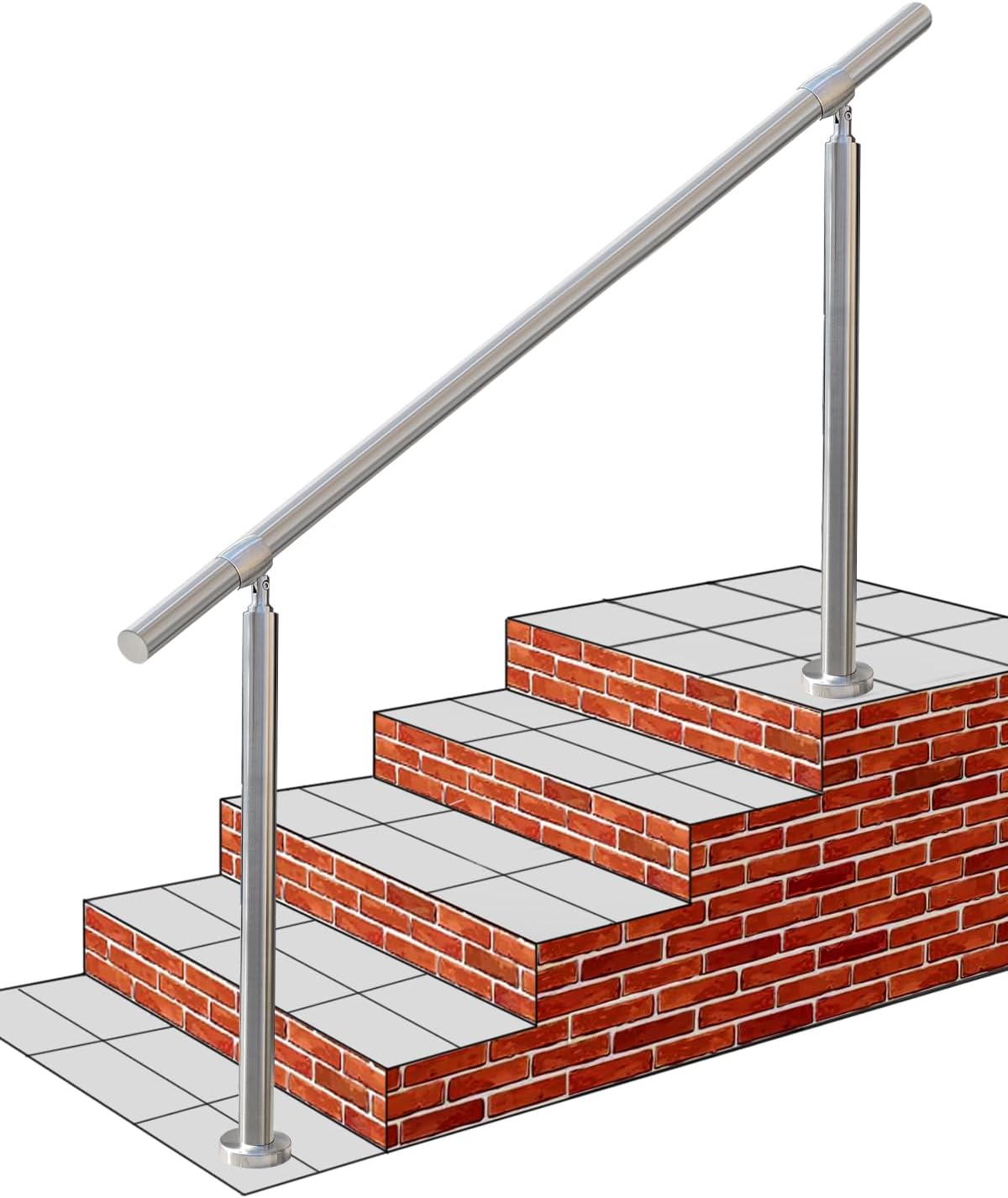 Outdoor 5 Step Handrail, DIY 304 Stainless Steel Transitional Hand Rails with Installation Kit,Silver Porch Stair Railing for Concrete Brick or Wooden Steps, 67x36