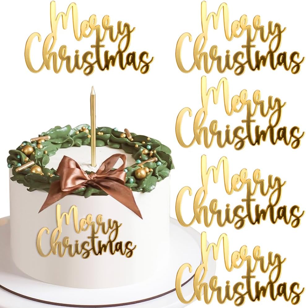 Mirror Gold Merry Christmas Cake Toppers - Acrylic & Side Cake Decorations Kit in Gold