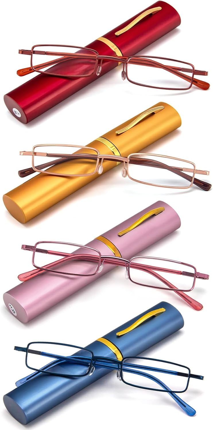 REAVEE 4 Pack Slim Pen Reading Glasses for Women Stylish Small Metal Tube Readers Spring Hinge with Portable Clip Case, Red Gold Pink Blue 1.5