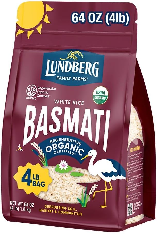Lundberg Basmati Rice, Long Grain White Rice - Non-Sticky, Fluffy, Nutty, Aromatic Rice, Vegan Food, Healthy Meals, Gluten-Free, Grown in California, 64 Oz