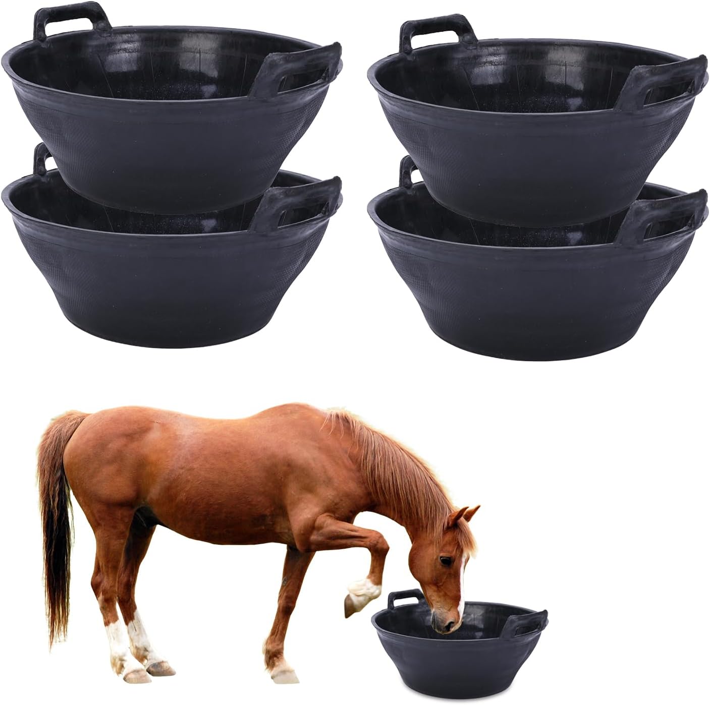 4 Pack 3.1 Gallon Rubber Feed Pan with Handle,Multi-Purpose Flexible Rubber Bucket Pan,Animal Feeding Trough & Dust Bath Container for Horses,Goats,Chickens,Pig,Farm,Garden,DIY