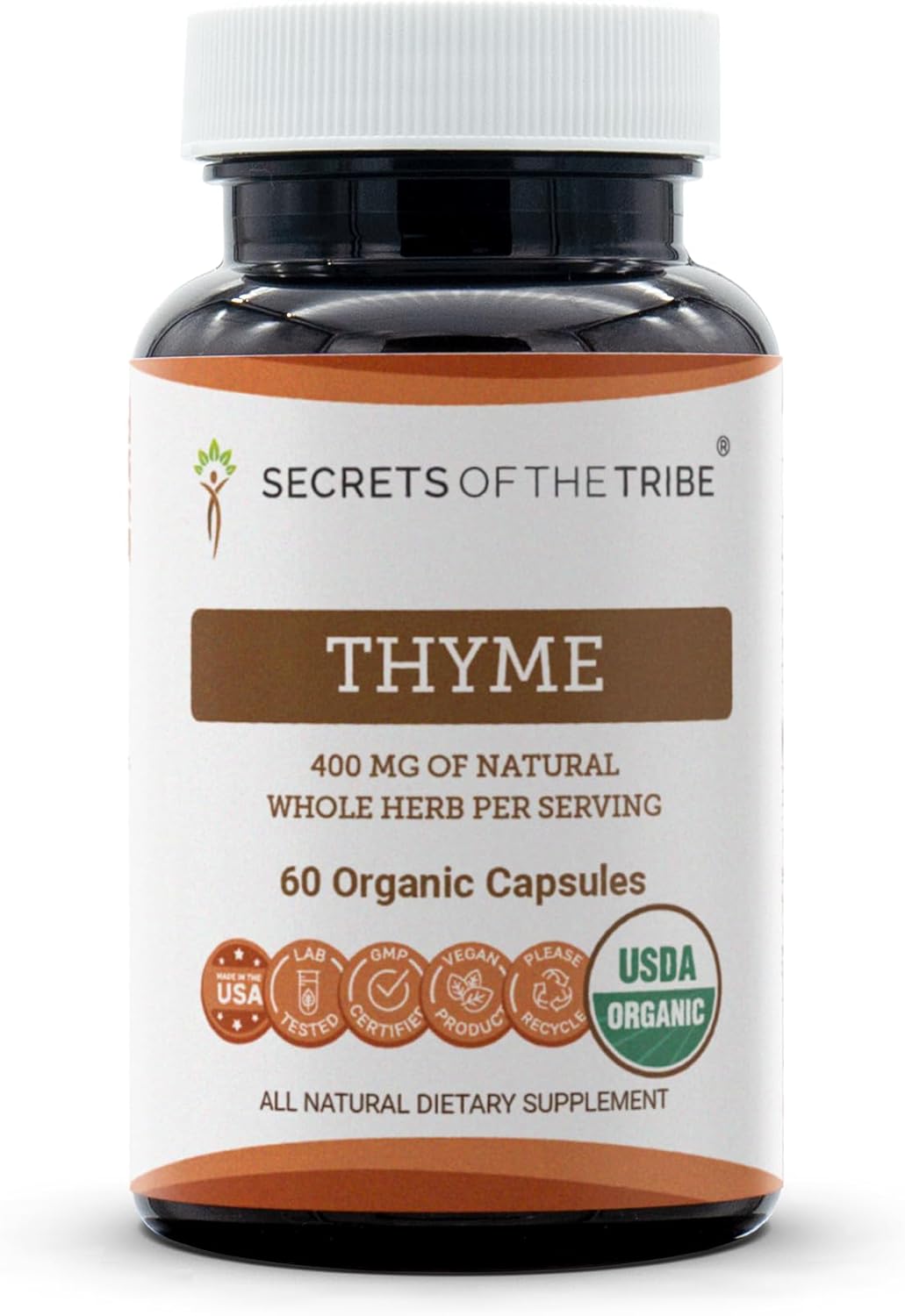 Secrets of the Tribe Thyme 60 Capsules, 400 mg, USDA Organic Thyme (Thymus Vulgaris) Dried Leaf (60 Capsules)