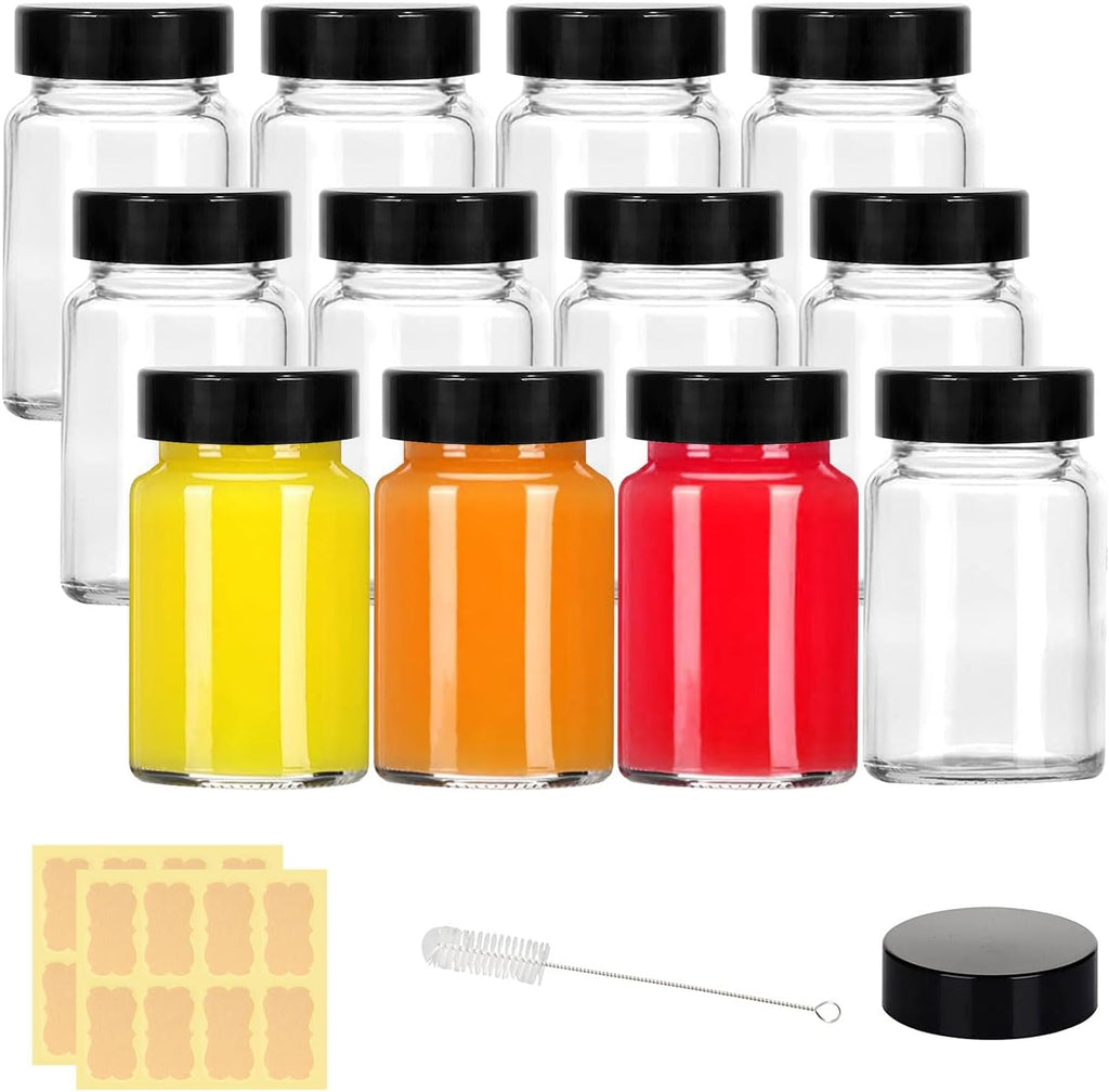 2 oz Small Clear Glass Bottles with Lids - 12 Pcs Wide Mouth Shot Bottles with Caps for Ginger Shots, Juice, Potion, Liquids, Whiskey - Mini Travel Bottles with Funnels, Stickers (12PCS-Clear)