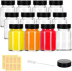 2 oz Small Clear Glass Bottles with Lids - 12 Pcs Wide Mouth Shot Bottles with Caps for Ginger Shots, Juice, Potion, Liquids, Whiskey - Mini Travel Bottles with Funnels, Stickers (12PCS-Clear)