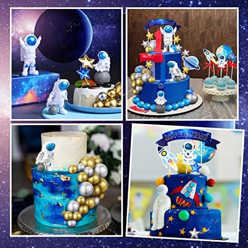 Epakh 24 Pcs Astronaut Space Cake Toppers Outer Space Cake Decorations Astronaut Figurine Birthday Party Supplies Planet Rocket Satellite Pearl Balls Stars for Baby Shower DIY Activity(Blue)