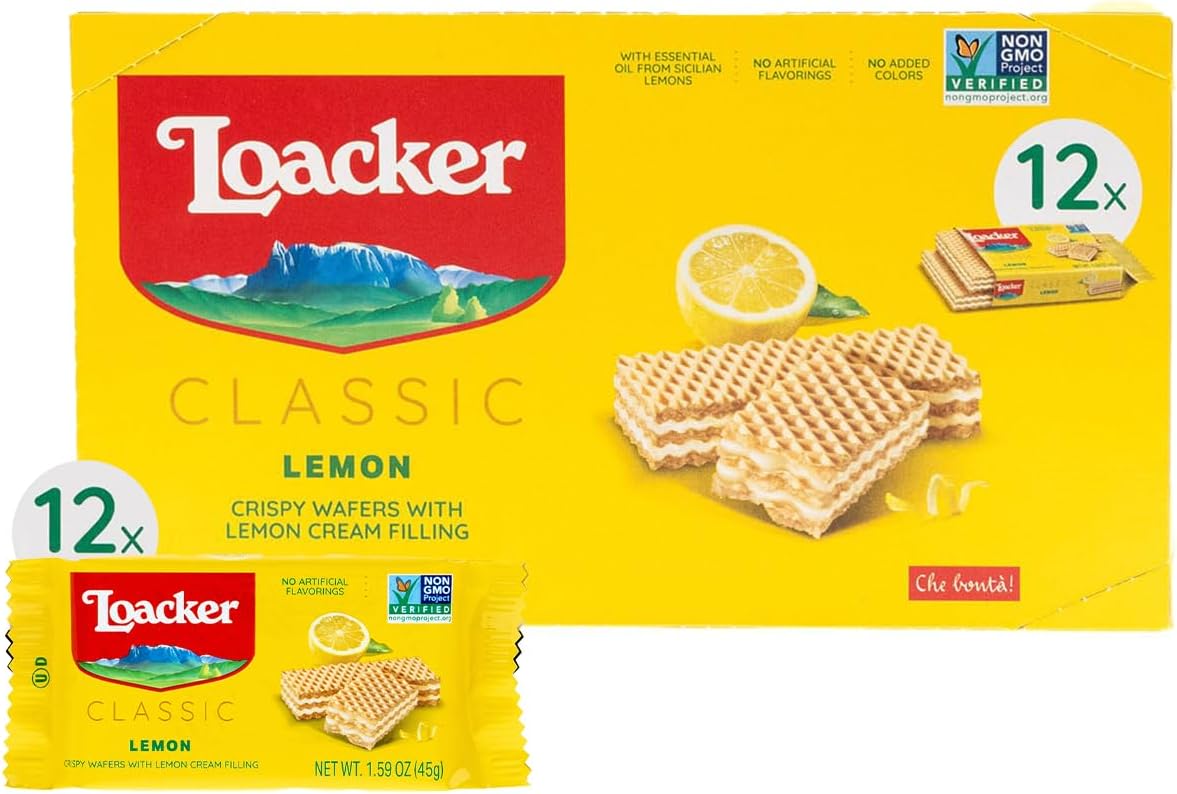 Loacker Classic Lemon Wafers - Premium Crispy Wafer Cookies with Lemon Cream Filling - Multipack of 12 Snack Packs - NON-GMO - Sicilian Lemons - 45g/1.59oz, Pack of 12