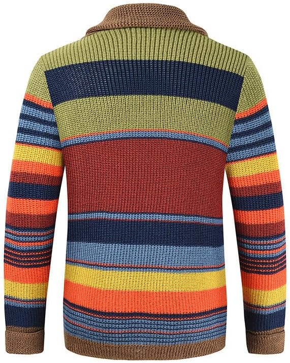 Mens Rainbow Cardigan Sweaters Striped Color Block Shawl Collar Sweatshirt Cable Knit Open Front Warm Lapel Outwear