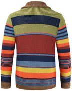 Mens Rainbow Cardigan Sweaters Striped Color Block Shawl Collar Sweatshirt Cable Knit Open Front Warm Lapel Outwear