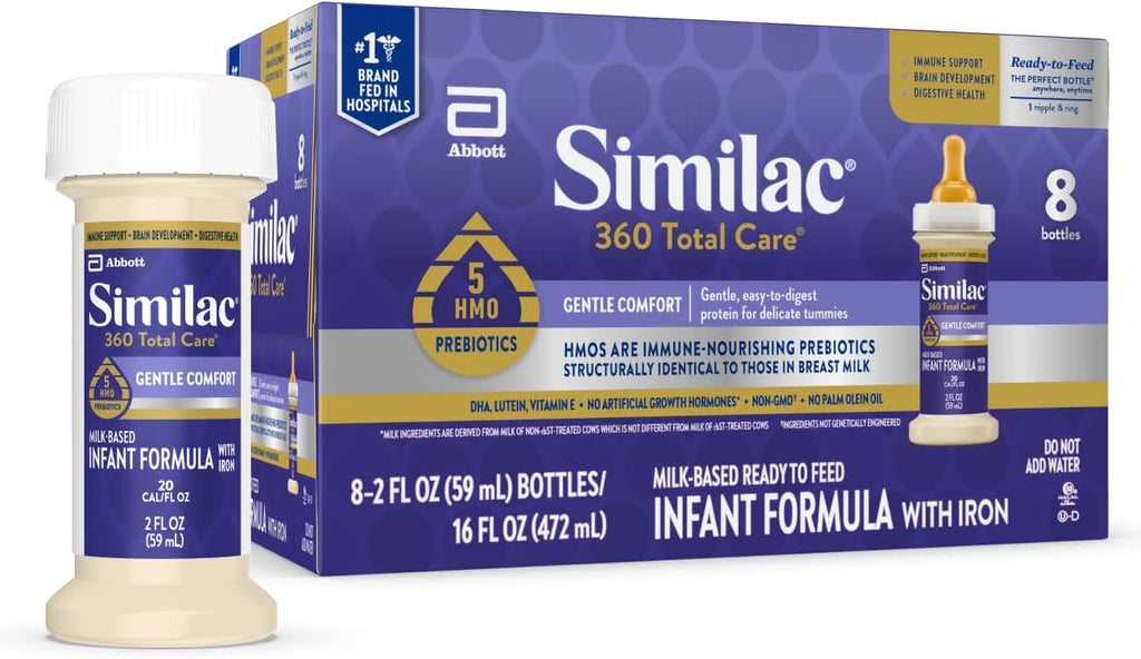 Similac 360 Total Care Gentle Comfort Baby Formula, Easy-to-Digest Formula, Has 5 HMO Prebiotics, Ready-to-Feed Infant Formula, 2-fl-oz Bottle, Pack of 8