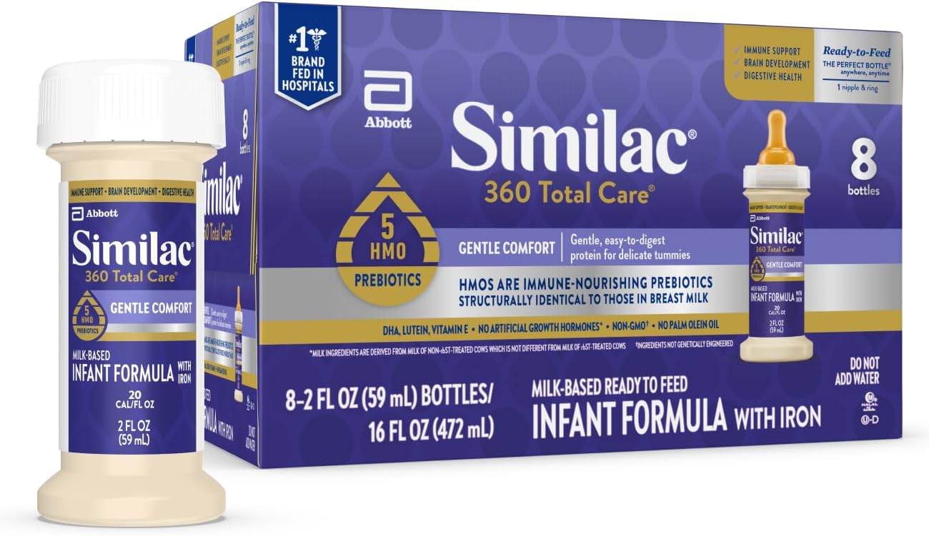 Similac 360 Total Care Gentle Comfort Baby Formula, Easy-to-Digest Formula, Has 5 HMO Prebiotics, Ready-to-Feed Infant Formula, 2-fl-oz Bottle, Pack of 8