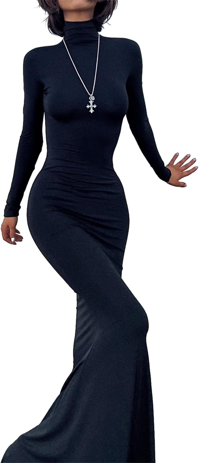 Long Sleeve Maxi Dress for Women - Casual Turtleneck Bodycon Formal Dresses Elegant Mermaid Hem 2026