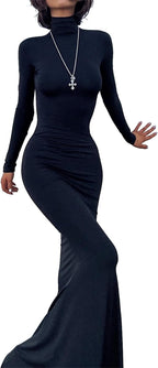 Long Sleeve Maxi Dress for Women - Casual Turtleneck Bodycon Formal Dresses Elegant Mermaid Hem 2026