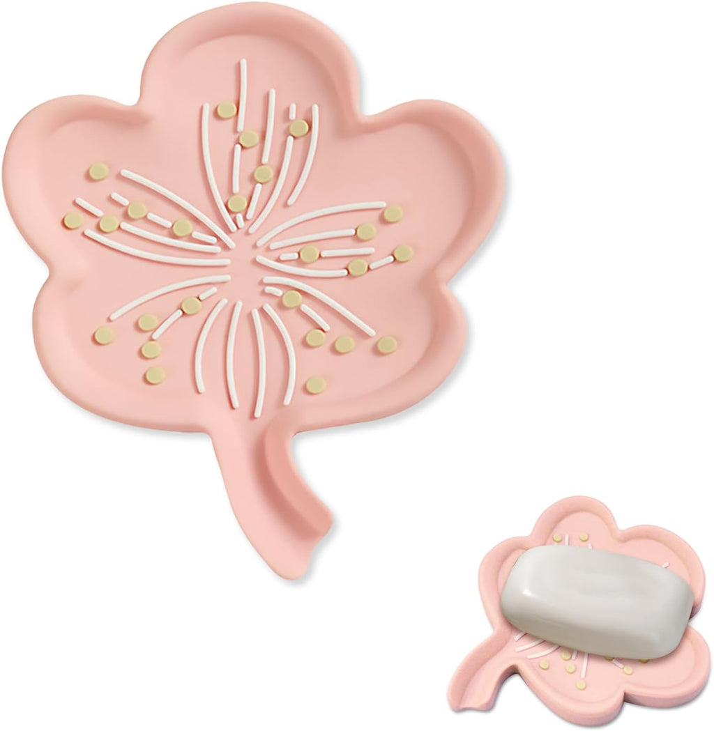 Flower Cute Soap Dish, Artistic Silicone Soap Holder with Drain, Decorative Soap Dish for Bathroom Sink, Kitchen, Bathtub Soap Dish for Gift/Handmade Soap (Pink)