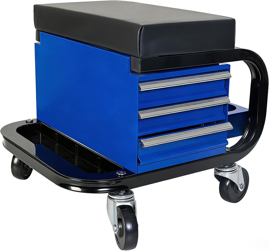 Rolling Mechanic Stool with Wheels, Creeper Seat with 3 Built-in Tool Drawers, Side Tool Tray & Rear Bottle Tray for Shop & Work, Garage Use (14" L × 15" W × 15" H)