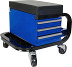Rolling Mechanic Stool with Wheels, Creeper Seat with 3 Built-in Tool Drawers, Side Tool Tray & Rear Bottle Tray for Shop & Work, Garage Use (14" L × 15" W × 15" H)