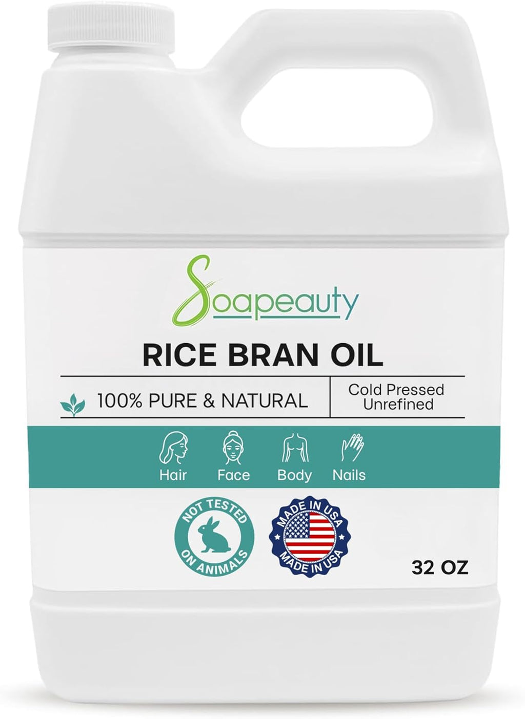 Soapeauty Rice Bran Oil | Cold Pressed 100% Pure & Natural Available in Bulk | Carrier for Essential Oils, Face, Hair, Nails, Skin Moisturizer, Soap Making, DIY | 32 fl oz