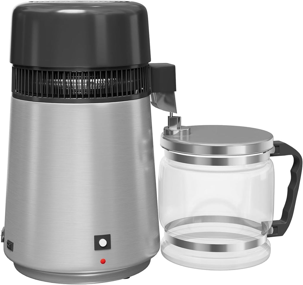 4L Countertop Stainless Steel Distilled Water Purifier, Distilled Water Making Machine with Glass Container, Ideal for Household, Workplace, Lab, and Aquarium Usage-Silver