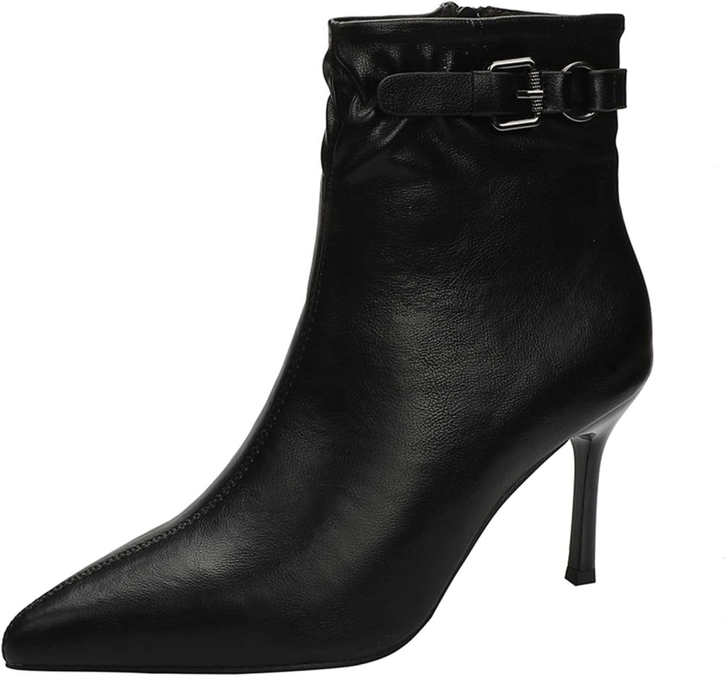 JOEupin Women's Pointed Toe Stiletto High Heels Ankle Booties Side zipper Short Boots With Metal Buckle K04